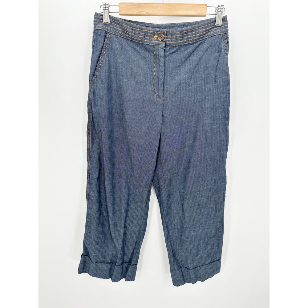 Brooks‎ Brothers Womens Linen Blend Wide Leg Crop Pants Size 6 Denim Striped